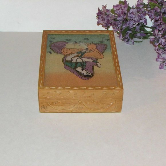 Handmade Boho Trinket Keepsake Jewelry Box Wood & Crushed Gemstones Lined - Picture 7 of 10